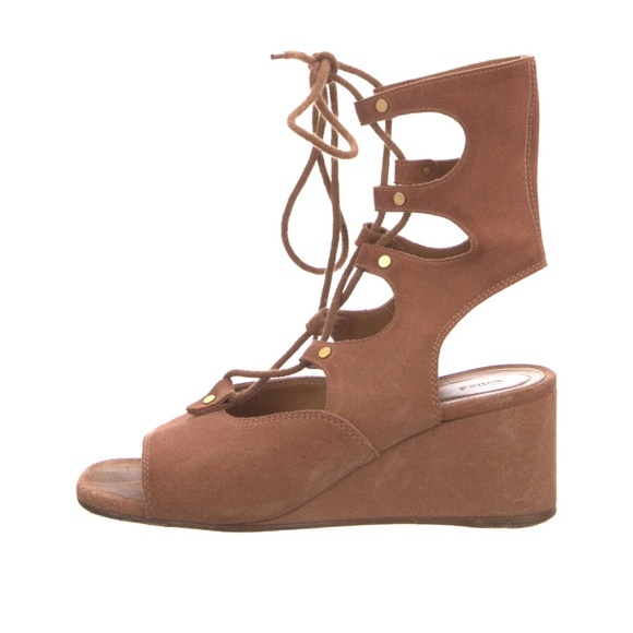 Womens CHLOE Brown Camel Suede Lace Up Gladiator Wedge Heels Sandals Size 7 37 - Picture 4 of 7